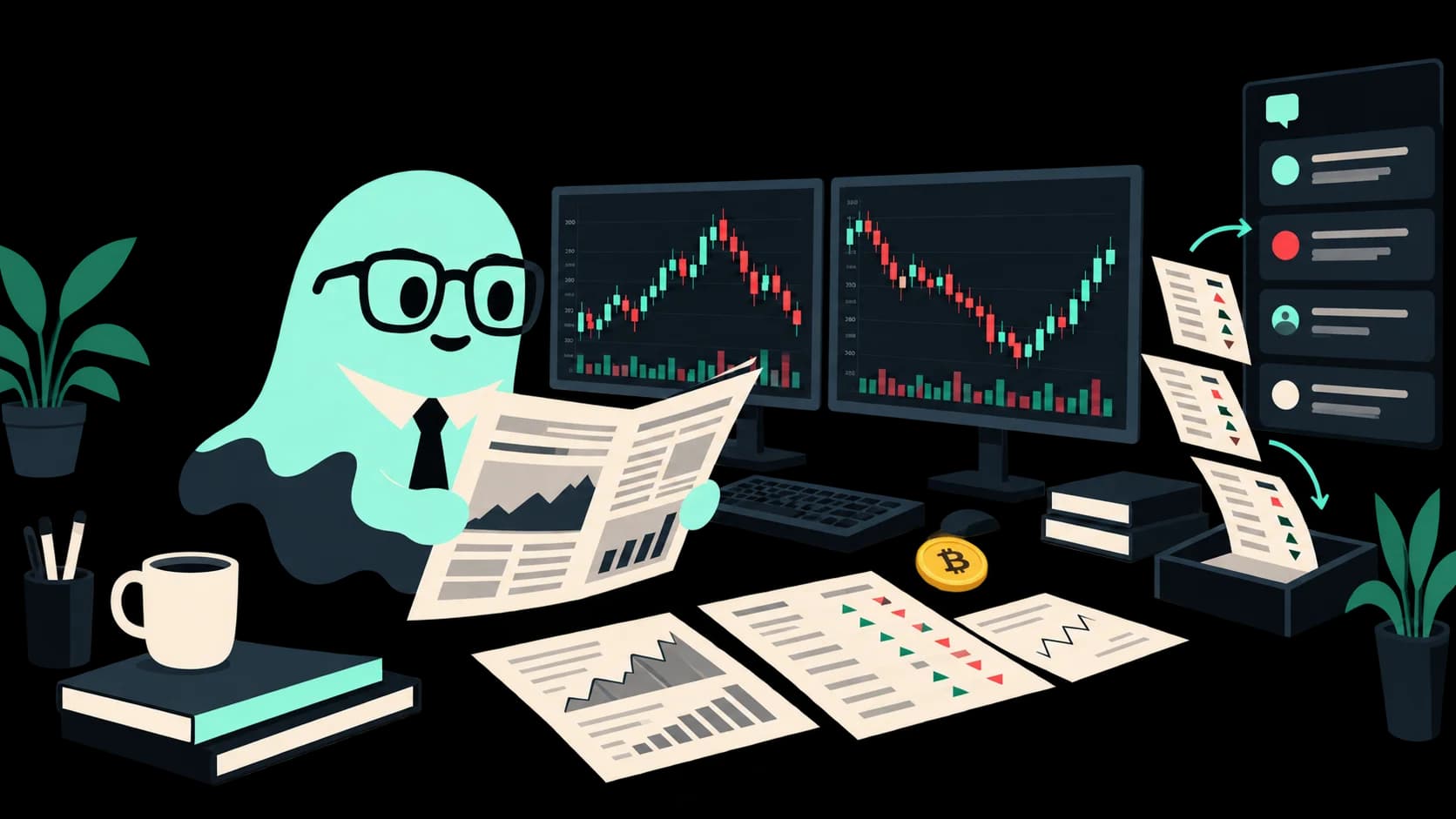 News.gg’s mint ghost market researcher with stock charts and a report