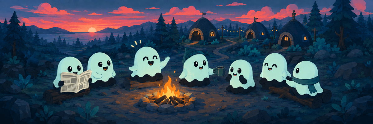 News.gg community mascots sharing stories around a campfire while one reads the news